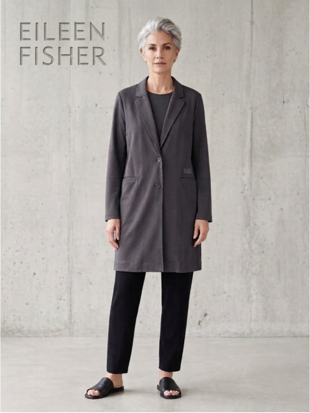Eileen Fisher Washable Stretch Crepe Long Blazer Jacket XL Graphite Gray